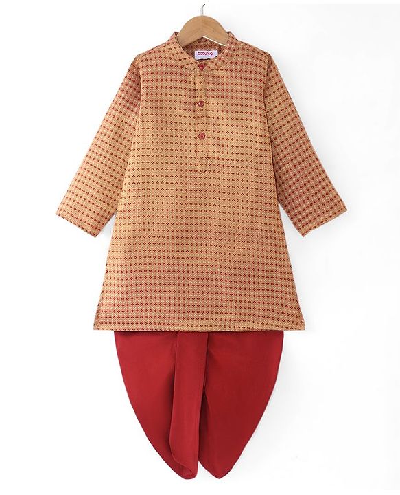 Babyhug Woven  Full Sleeves Dobby Embroidered Kurta & Dhoti Set -  Brown