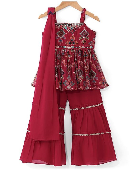 Babyhug Woven  Singlet Sleeves  Mirror Work & Embroidered  Kurti Gharara Set with Dupatta  - Red