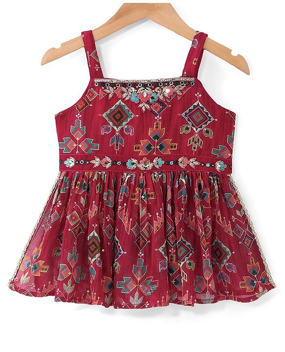 Babyhug Woven  Singlet Sleeves  Mirror Work & Embroidered  Kurti Gharara Set with Dupatta  - Red