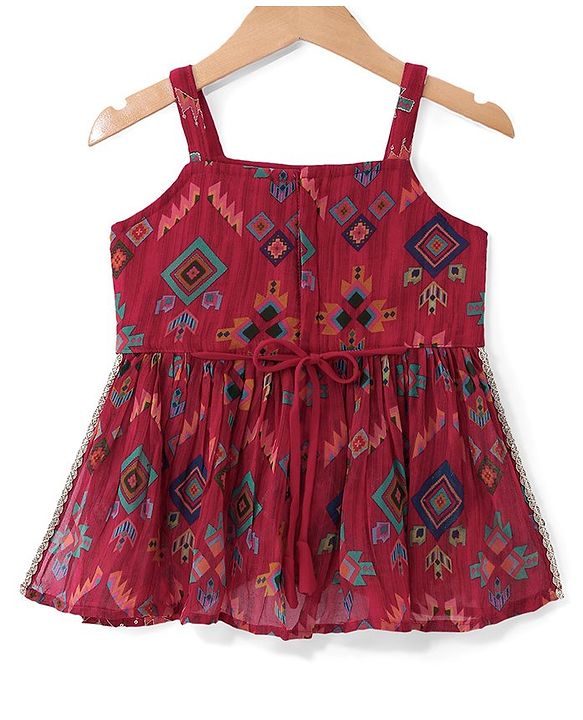 Babyhug Woven  Singlet Sleeves  Mirror Work & Embroidered  Kurti Gharara Set with Dupatta  - Red