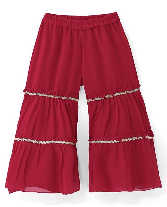 Babyhug Woven  Singlet Sleeves  Mirror Work & Embroidered  Kurti Gharara Set with Dupatta  - Red
