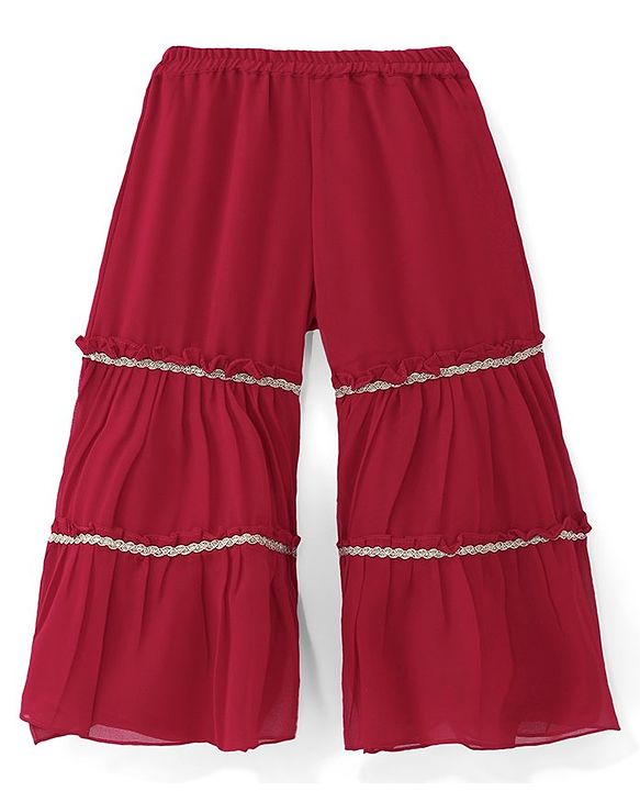 Babyhug Woven  Singlet Sleeves  Mirror Work & Embroidered  Kurti Gharara Set with Dupatta  - Red