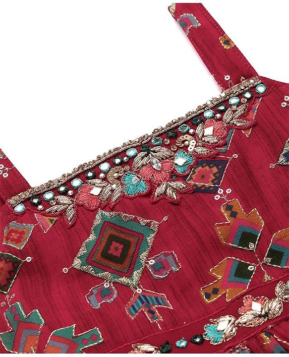 Babyhug Woven  Singlet Sleeves  Mirror Work & Embroidered  Kurti Gharara Set with Dupatta  - Red