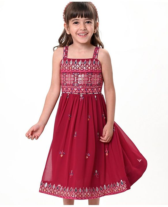 Babyhug Woven Sleeveless Floral Embroidered Ethnic Dress - Hot Pink
