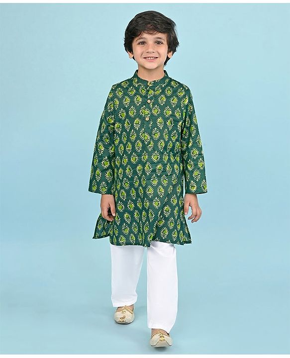 Babyhug Cotton Woven Full Sleeves Printed Kurta Pyjama Set -Green
