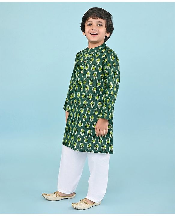 Babyhug Cotton Woven Full Sleeves Printed Kurta Pyjama Set -Green