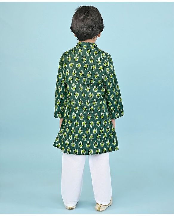 Babyhug Cotton Woven Full Sleeves Printed Kurta Pyjama Set -Green