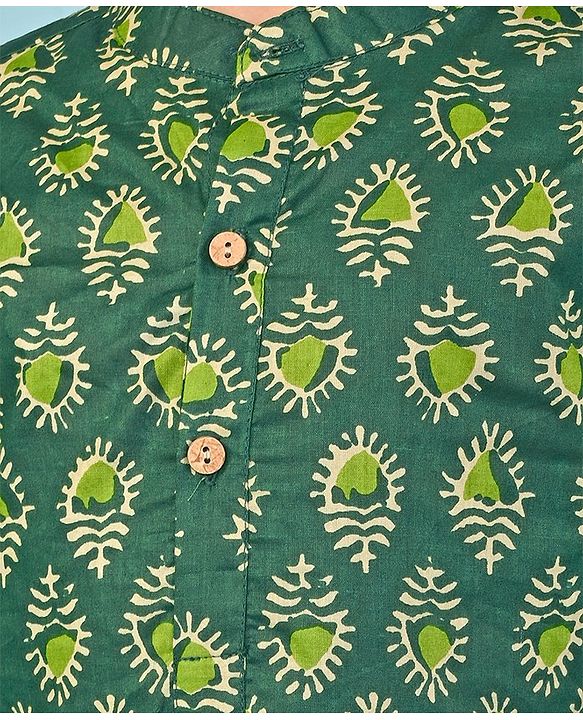Babyhug Cotton Woven Full Sleeves Printed Kurta Pyjama Set -Green