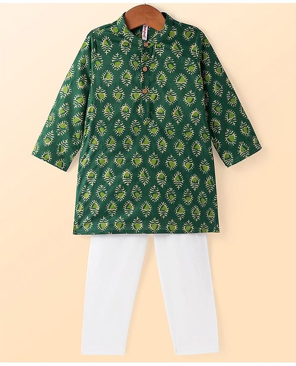 Babyhug Cotton Woven Full Sleeves Printed Kurta Pyjama Set -Green