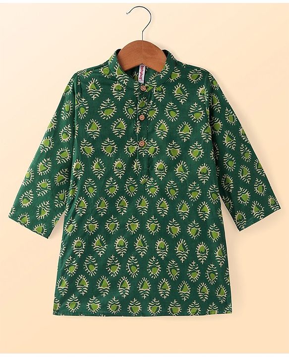 Babyhug Cotton Woven Full Sleeves Printed Kurta Pyjama Set -Green