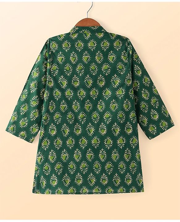 Babyhug Cotton Woven Full Sleeves Printed Kurta Pyjama Set -Green