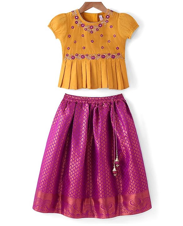 Babyhug Woven Short Sleeves Pattu Pavada Lehenga Choli Set with Floral Embroidery - Fuschia