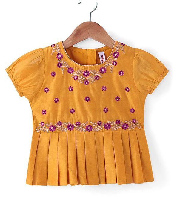 Babyhug Woven Short Sleeves Pattu Pavada Lehenga Choli Set with Floral Embroidery - Fuschia