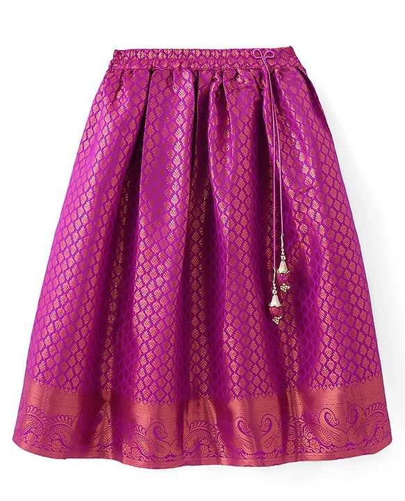 Babyhug Woven Short Sleeves Pattu Pavada Lehenga Choli Set with Floral Embroidery - Fuschia