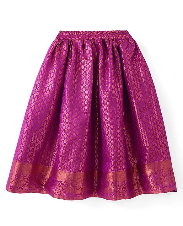 Babyhug Woven Short Sleeves Pattu Pavada Lehenga Choli Set with Floral Embroidery - Fuschia