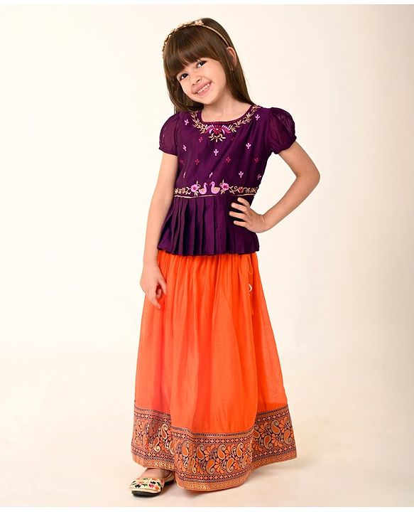 Babyhug Woven Short Sleeve Floral Embroidered Pattu Pavada Choli Lehenga Set with Foil Print - Orange