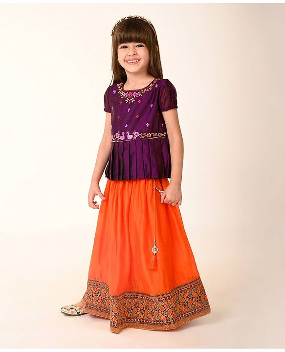 Babyhug Woven Short Sleeve Floral Embroidered Pattu Pavada Choli Lehenga Set with Foil Print - Orange