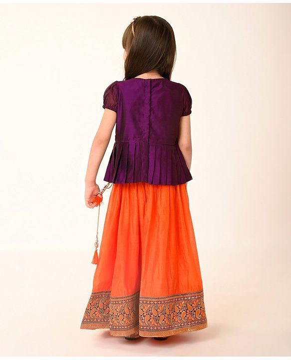 Babyhug Woven Short Sleeve Floral Embroidered Pattu Pavada Choli Lehenga Set with Foil Print - Orange