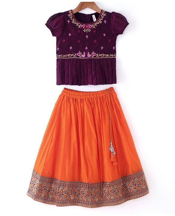 Babyhug Woven Short Sleeve Floral Embroidered Pattu Pavada Choli Lehenga Set with Foil Print - Orange