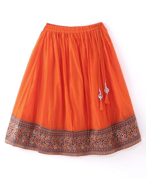 Babyhug Woven Short Sleeve Floral Embroidered Pattu Pavada Choli Lehenga Set with Foil Print - Orange