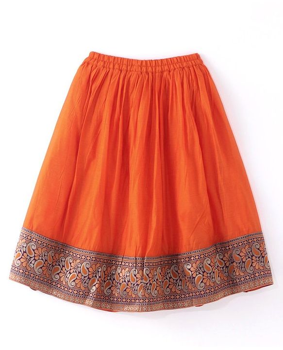 Babyhug Woven Short Sleeve Floral Embroidered Pattu Pavada Choli Lehenga Set with Foil Print - Orange