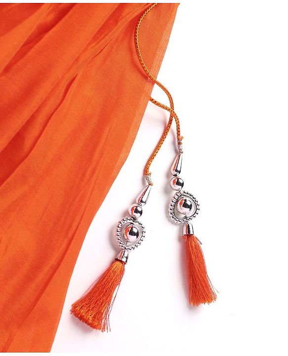 Babyhug Woven Short Sleeve Floral Embroidered Pattu Pavada Choli Lehenga Set with Foil Print - Orange