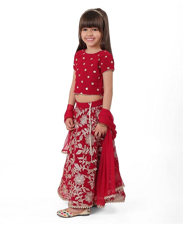 Babyhug Woven Half Sleeves Floral & Sequined Embroidered Choli Lehenga Set with Dupatta - Fuschia