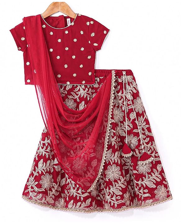Babyhug Woven Half Sleeves Floral & Sequined Embroidered Choli Lehenga Set with Dupatta - Fuschia