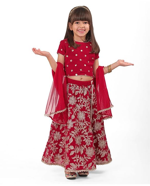 Babyhug Woven Half Sleeves Floral & Sequined Embroidered Choli Lehenga Set with Dupatta - Fuschia