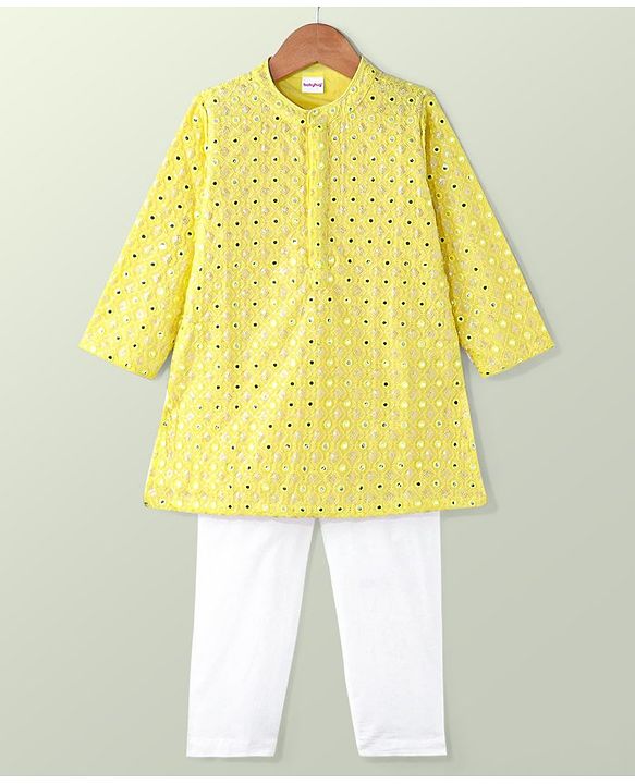 Babyhug Woven Full Sleeves Mirror Embroidered Kurta & Pyjama Set - Yellow