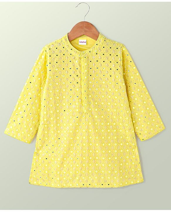 Babyhug Woven Full Sleeves Mirror Embroidered Kurta & Pyjama Set - Yellow