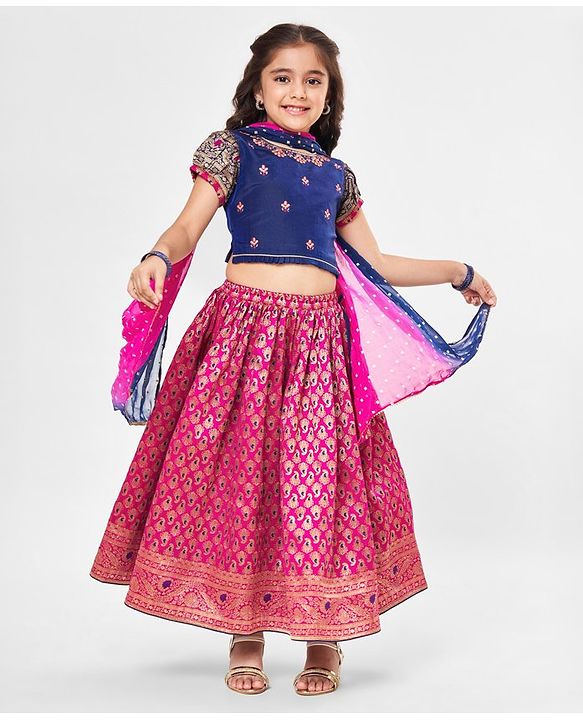 Babyhug Short Sleeves Floral Embroidered Pattu Pavada Lehenga Choli Set With Dupatta - Fuschia