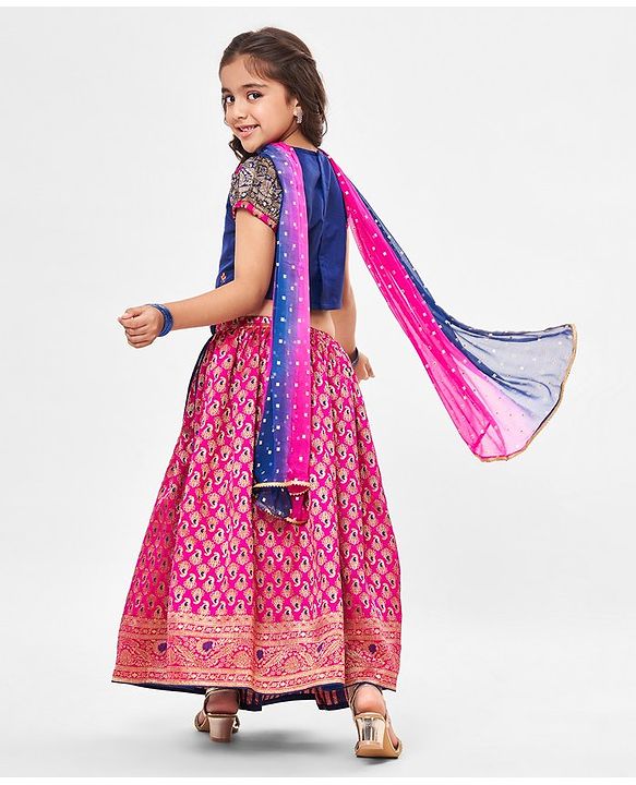 Babyhug Short Sleeves Floral Embroidered Pattu Pavada Lehenga Choli Set With Dupatta - Fuschia