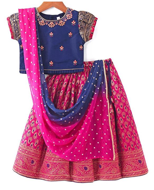Babyhug Short Sleeves Floral Embroidered Pattu Pavada Lehenga Choli Set With Dupatta - Fuschia