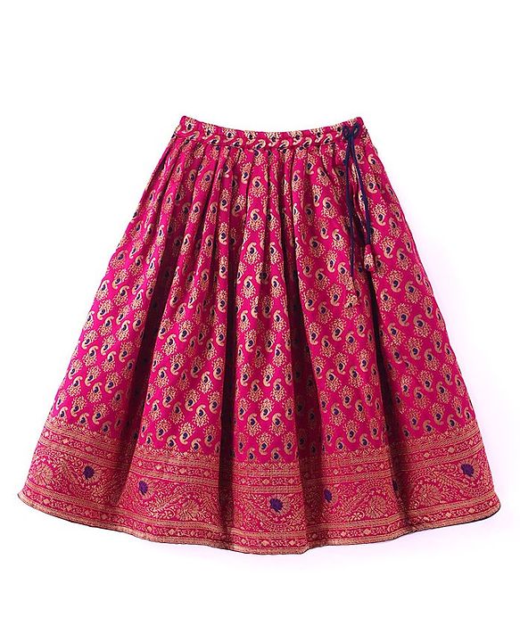 Babyhug Short Sleeves Floral Embroidered Pattu Pavada Lehenga Choli Set With Dupatta - Fuschia