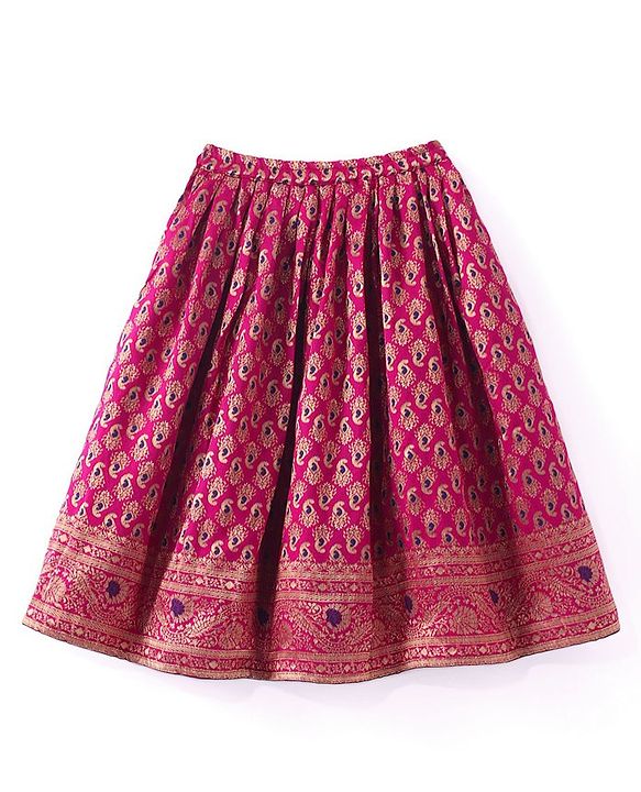 Babyhug Short Sleeves Floral Embroidered Pattu Pavada Lehenga Choli Set With Dupatta - Fuschia