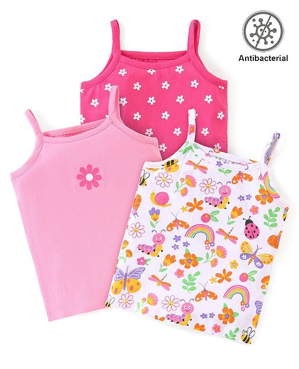 Babyhug 100% Cotton Knit Sleeveless  Antibacterial Slips with Floral Print  Pack of 3 - Multicolour