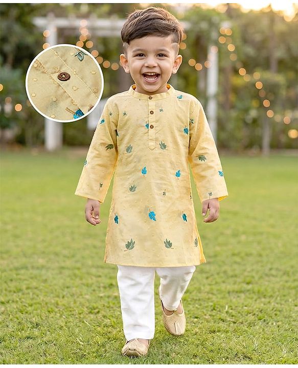 Babyhug Cotton Woven Cambric Full Sleeves Embroidered Kurta Pyjama Set - Yellow