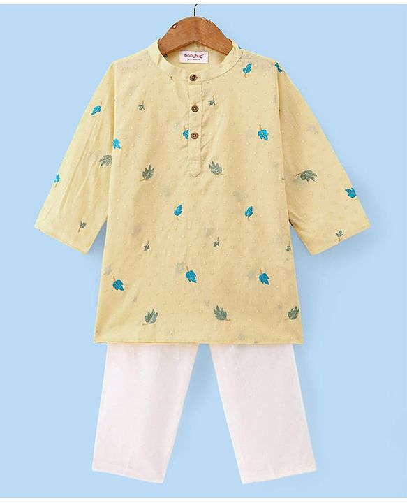 Babyhug Cotton Woven Cambric Full Sleeves Embroidered Kurta Pyjama Set - Yellow