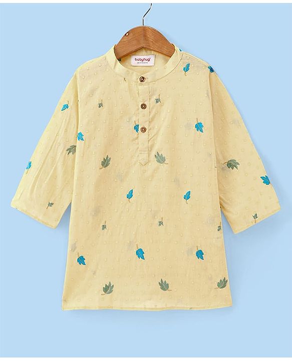Babyhug Cotton Woven Cambric Full Sleeves Embroidered Kurta Pyjama Set - Yellow