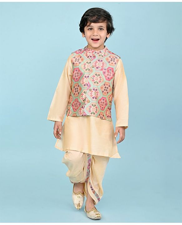 Babyhug Woven Full Sleeves Kurta Dhoti Set with Printed Jacket - Peach