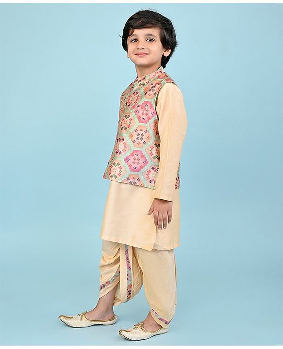 Babyhug Woven Full Sleeves Kurta Dhoti Set with Printed Jacket - Peach