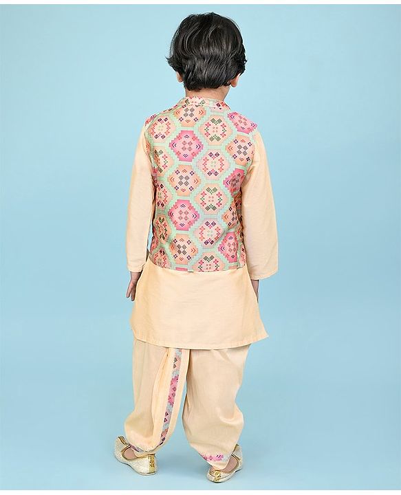 Babyhug Woven Full Sleeves Kurta Dhoti Set with Printed Jacket - Peach