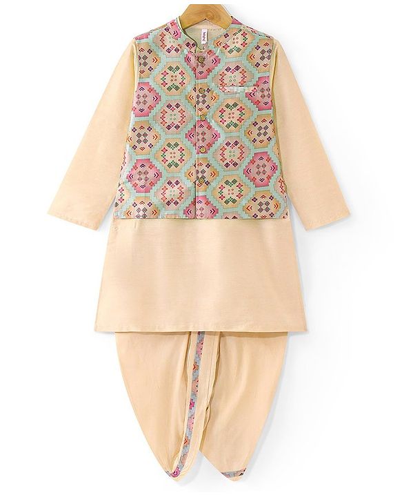 Babyhug Woven Full Sleeves Kurta Dhoti Set with Printed Jacket - Peach