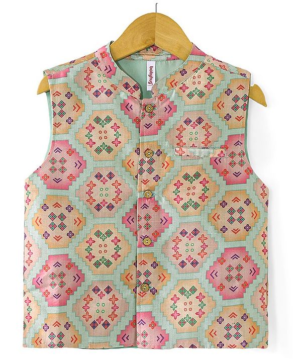 Babyhug Woven Full Sleeves Kurta Dhoti Set with Printed Jacket - Peach