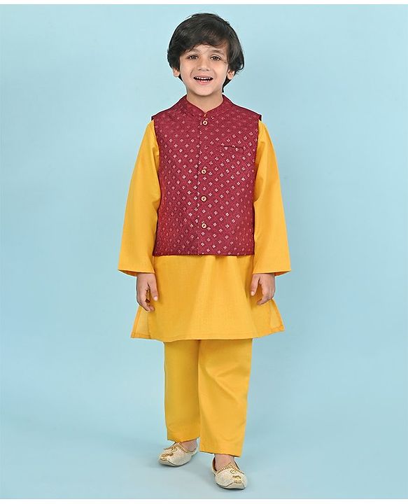 Babyhug Woven Full Sleeves Kurta & Pyjama Set With Embroidered Waistcoat - Mustard