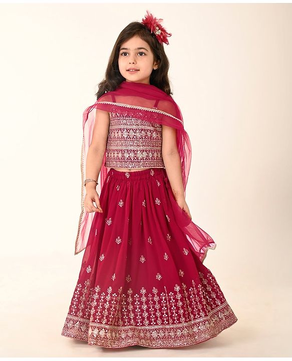 Babyhug Woven Sleeveless Embroidered Choli Lehenga and Dupatta Set - Hot Pink