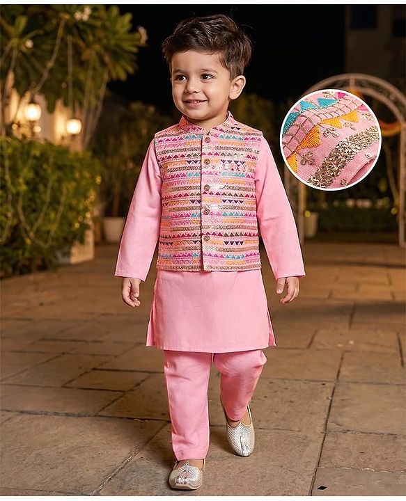 Babyhug Woven Full Sleeves Kurta &  Pyjama Set With Embroidered Waistcoat - Pink