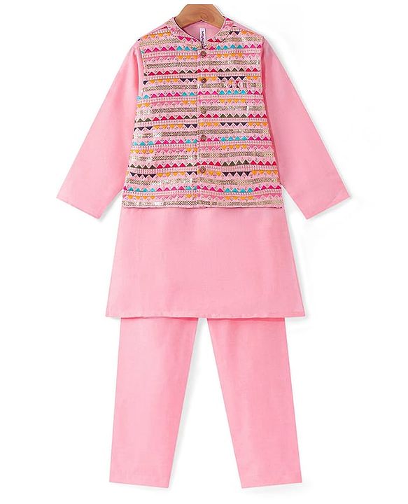 Babyhug Woven Full Sleeves Kurta &  Pyjama Set With Embroidered Waistcoat - Pink
