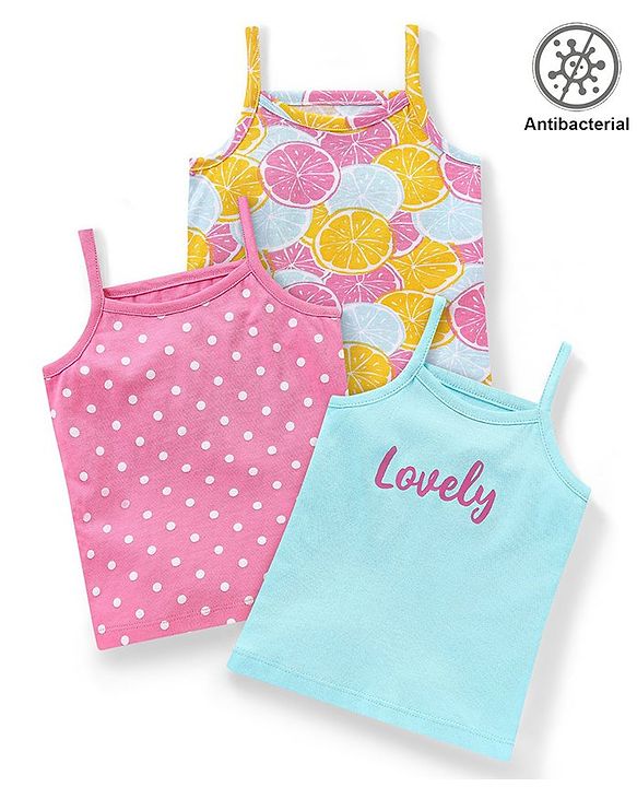 Babyhug 100% Cotton Knit Sleeveless  Antibacterial Slips with Polka Dot & Orange Print  Pack of 3- Multicolour